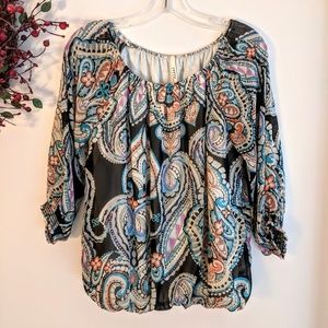 Yetts Peasant Top BOHO Black Paisley Print MEDIUM
